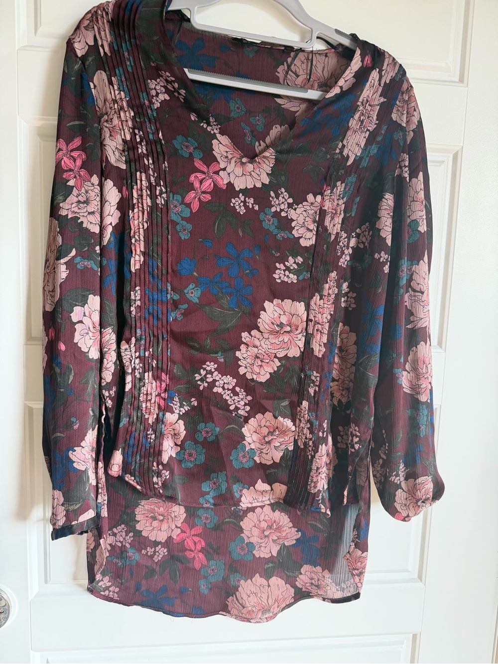 Zara Burgundy Floral V-Neck Pintuck Blouse with Pink Flowers